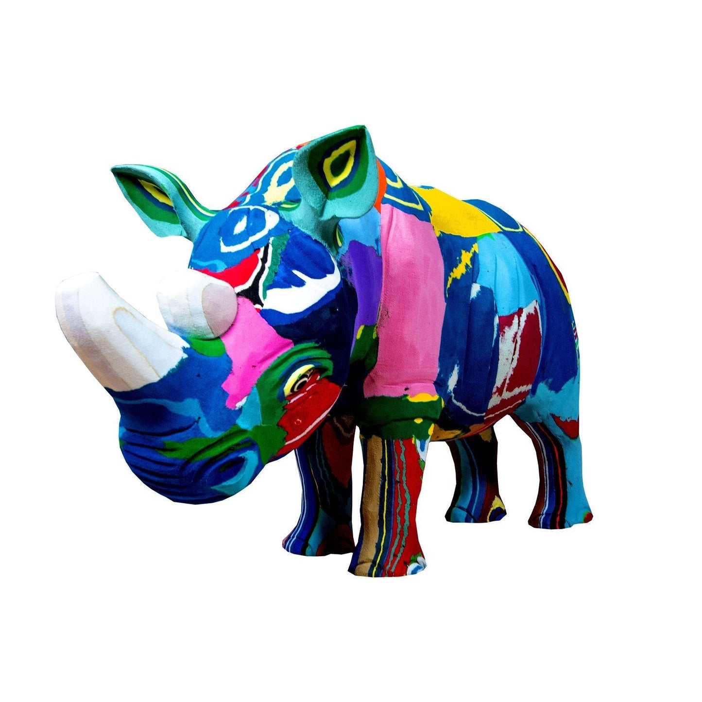 Large hand-carved multicolored Sudan Rhino sculpture made of upcycled flip flops by Ocean Sole.