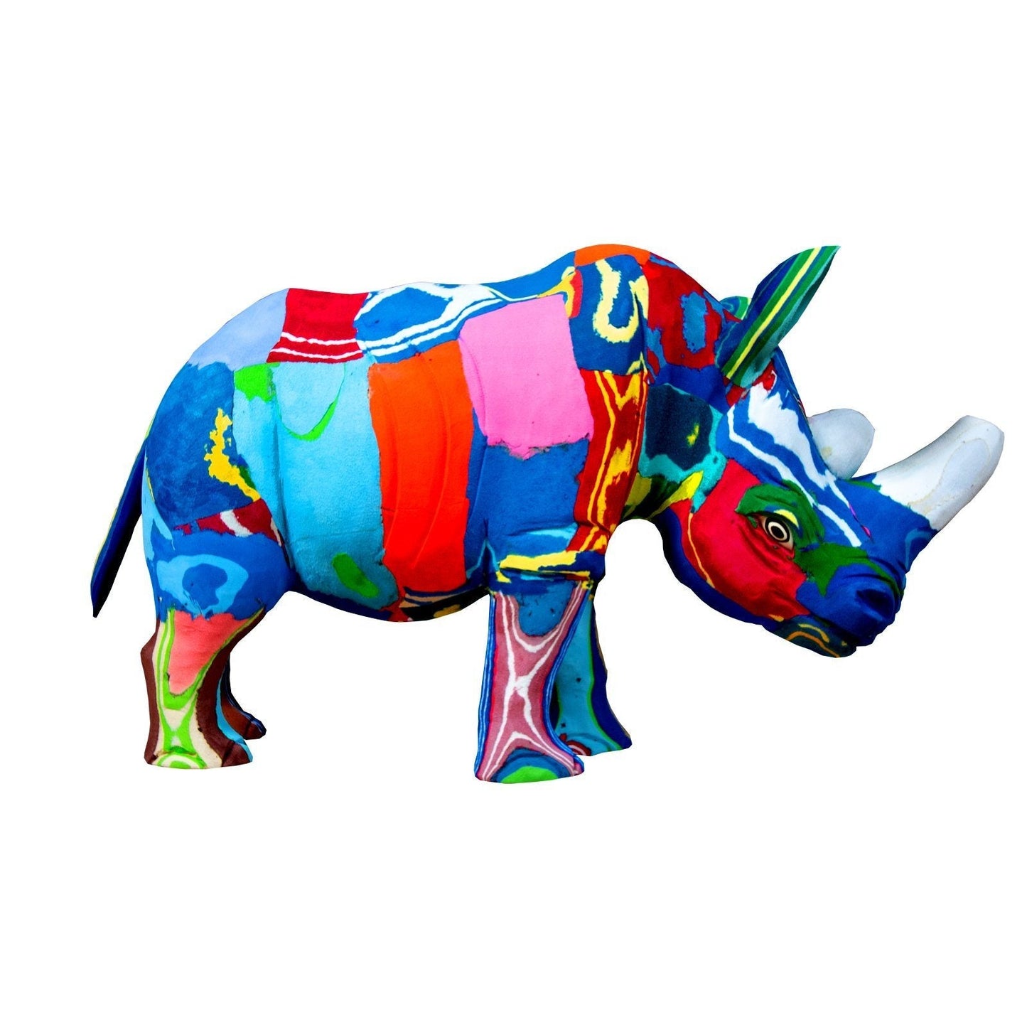 Large hand-carved multicolored Sudan Rhino sculpture made of upcycled flip flops by Ocean Sole.