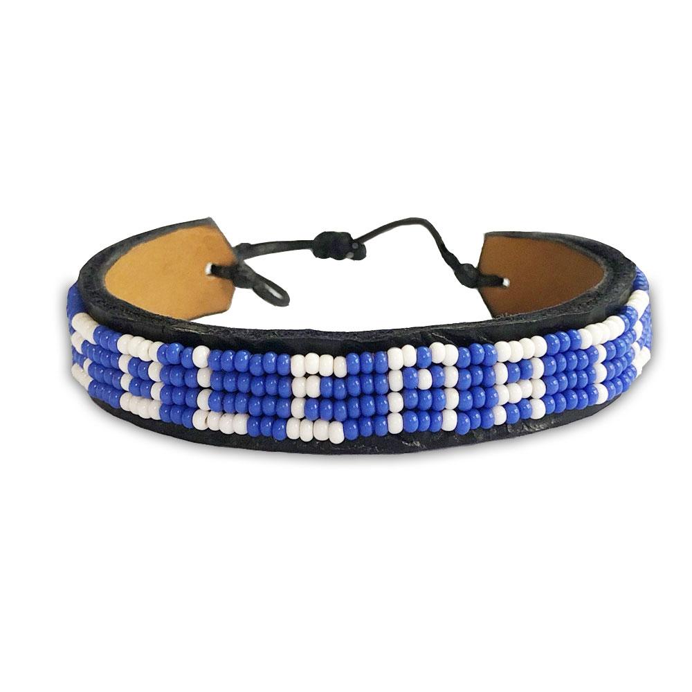 Blue beaded bracelet that says 'solemate' hand crafted by Maasi women for Ocean Sole.