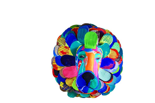 Hand-carved multicolored lion wall art sculpture made of upcycled flip flops by Ocean Sole designed to hang on your wall.